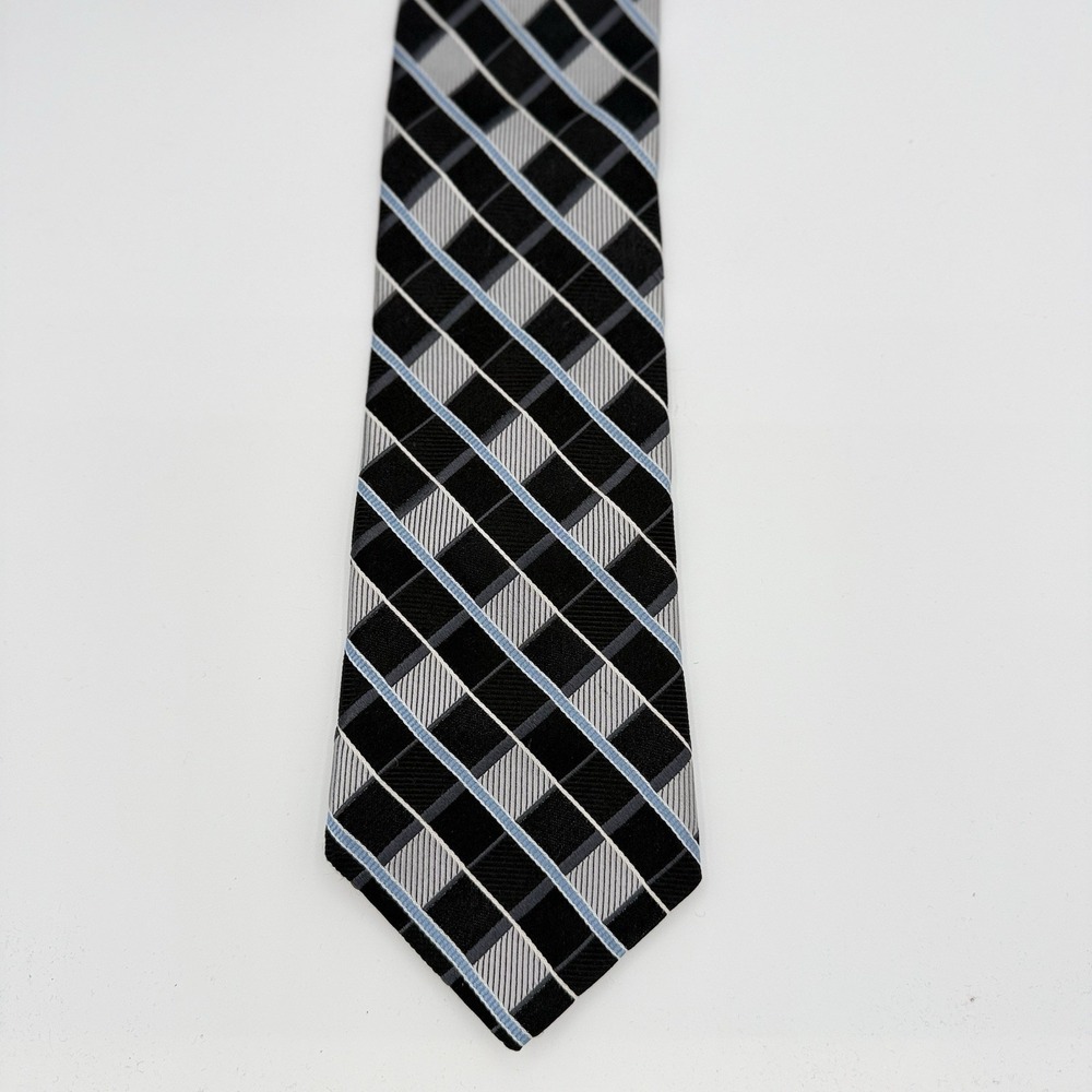 Michael Kors Extra Wide Tie Black Gray Blue Geometric Plaid 60x4 Mens Necktie